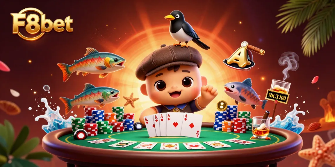 Engage with F8bet's playful casino scene featuring Nessie and vibrant poker elements.