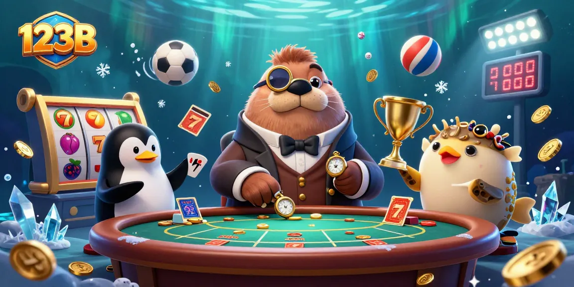 Experience 123B's underwater poker scene with our jolly walrus and dealer, capturing the thrill of gaming.