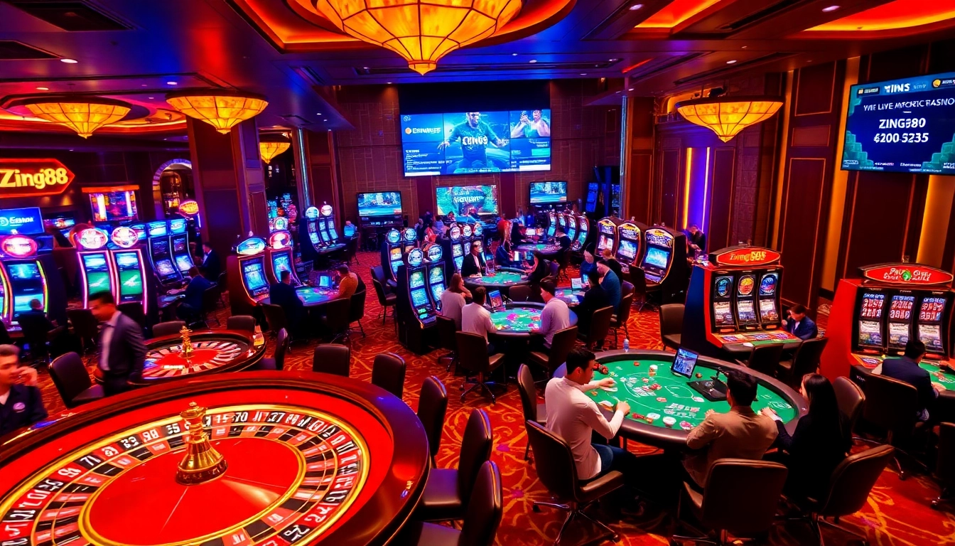 A thrilling casino experience at https://zing88.design/ with players enjoying roulette, slots, and poker in a luxurious setting.