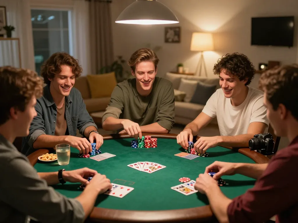 Friends engaged in an intense poker game showcasing hitclub spirit with chips and cards.