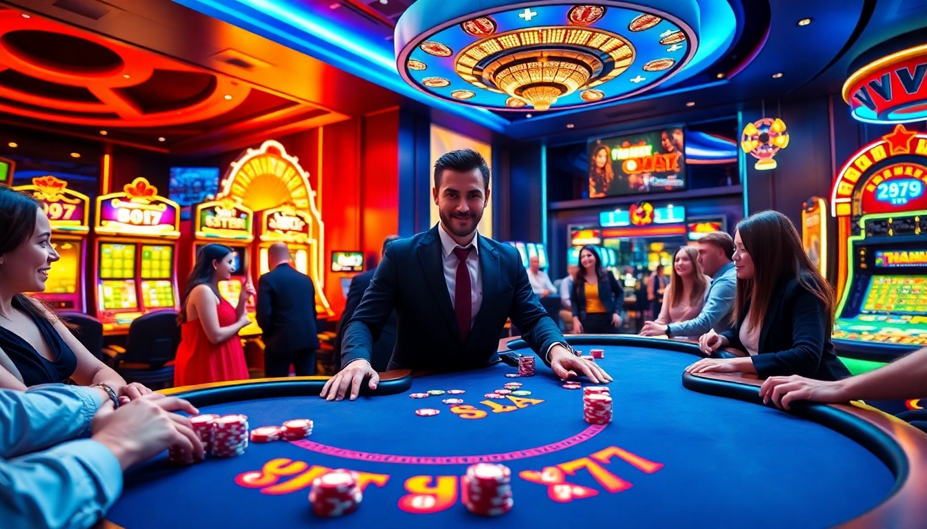 Scene showcasing Thabet77 casino excitement with players at the gaming table and vibrant slot machines.