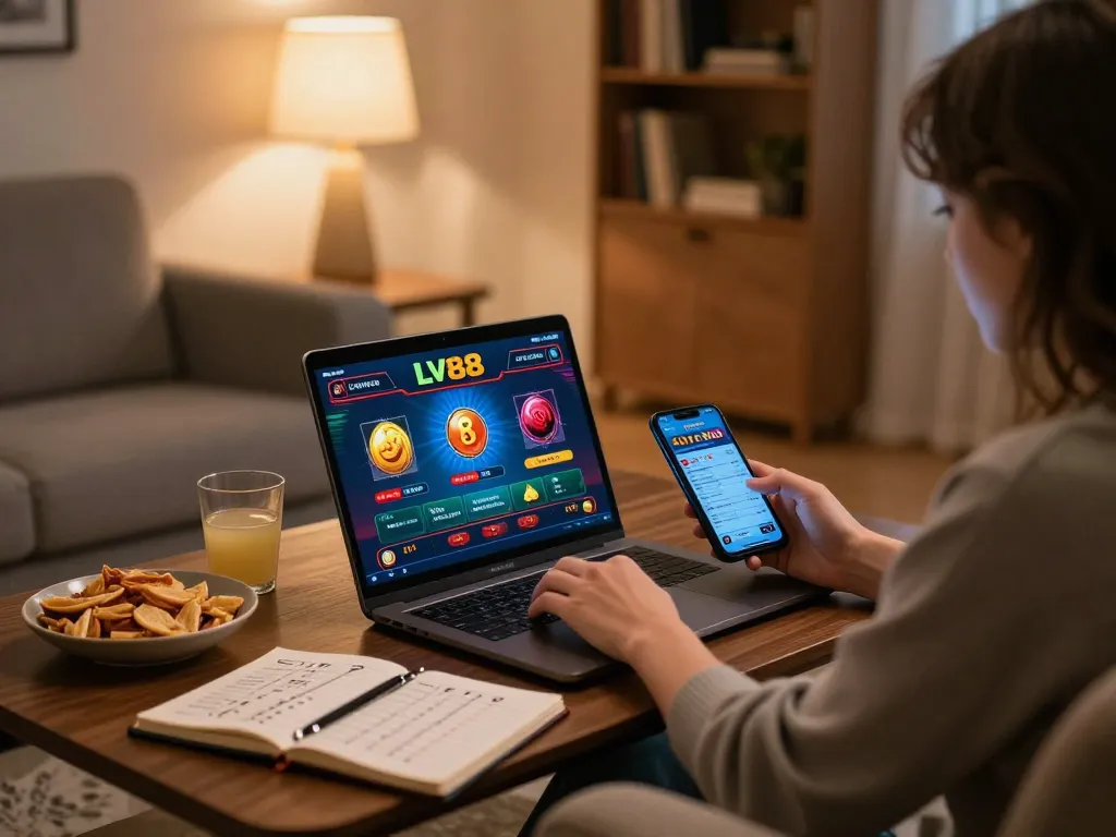 Engaged player enjoying LV88 online casino gaming on a cozy sofa.