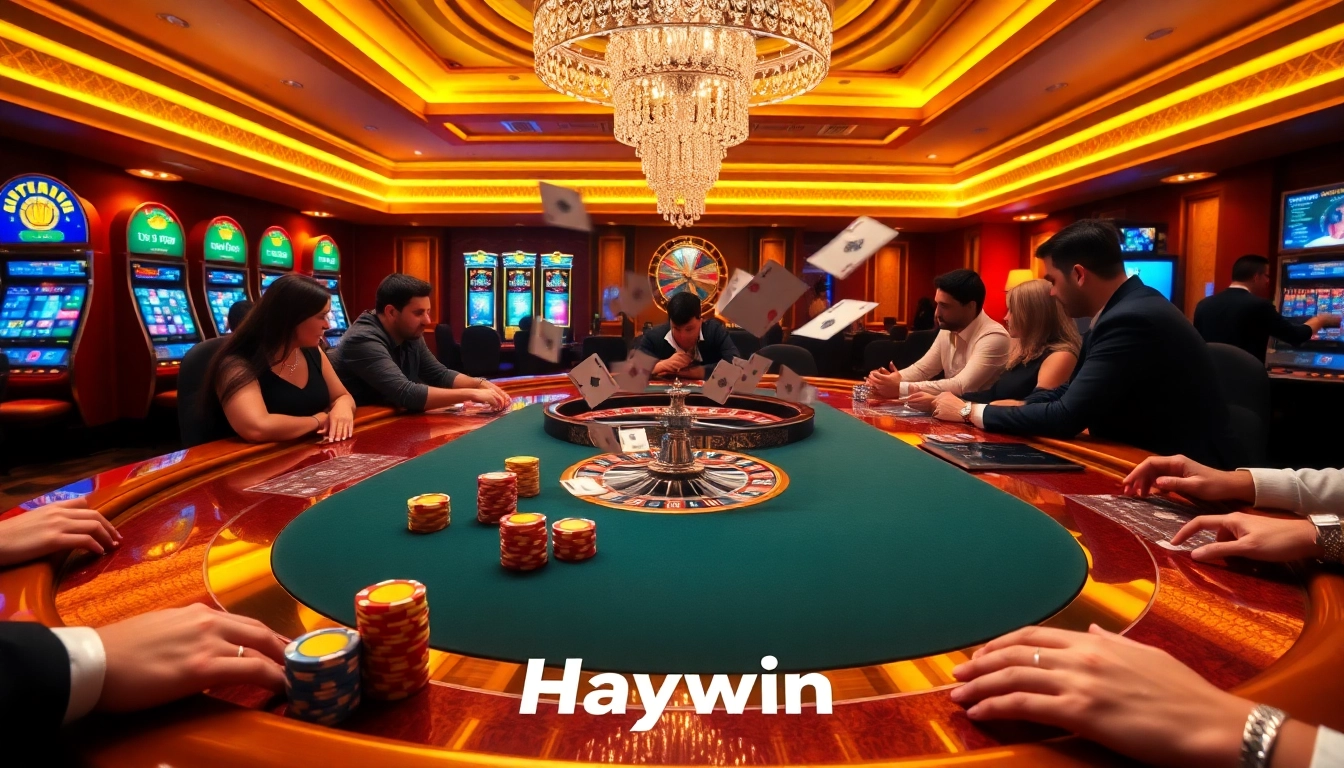 Engaged players at Haywin's luxurious poker table, showcasing an exciting casino experience.