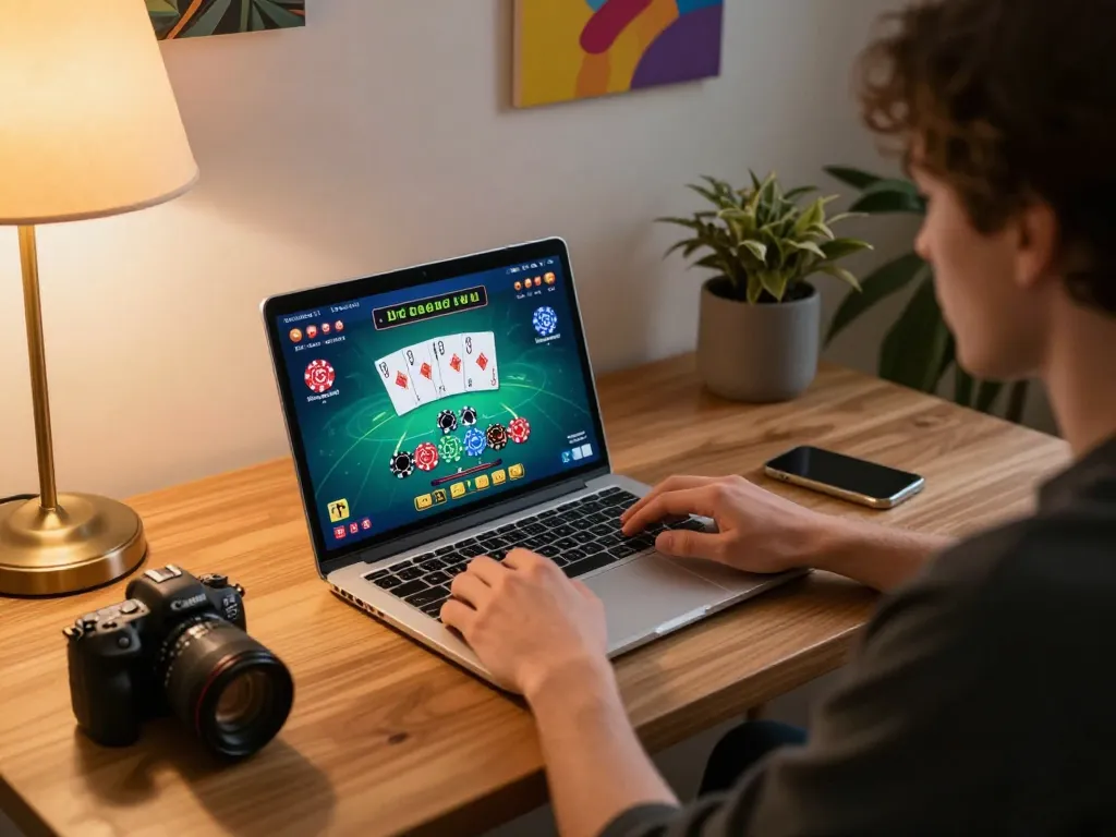 xx88 online baccarat gameplay displayed on laptop in a cozy home setting