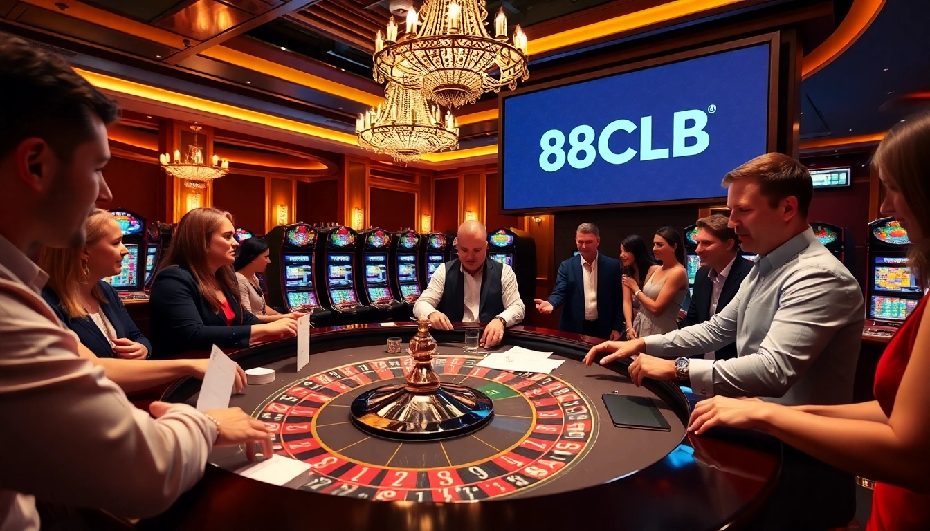 Gamblers enjoying a thrilling game at the 88CLB casino with a professional dealer guiding the action.