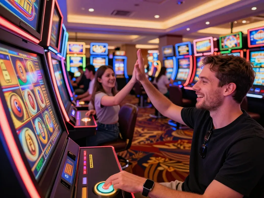 players spinning tr88 slot machines with excitement in a vibrant casino atmosphere