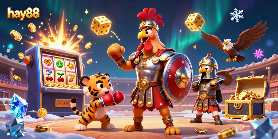 Play exciting games and win at hay88 with an engaging visual of a cartoon gladiator rooster in a dynamic casino scene.