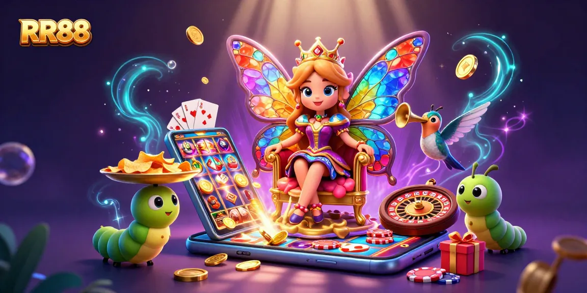 RR88 offers vibrant casino excitement with a butterfly queen and dynamic gaming elements.