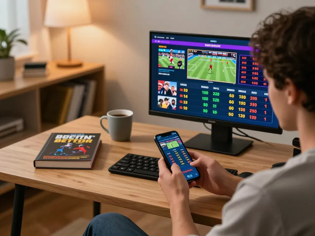Engaged player placing bets on 78win's mobile app, showcasing a modern, vibrant home office.