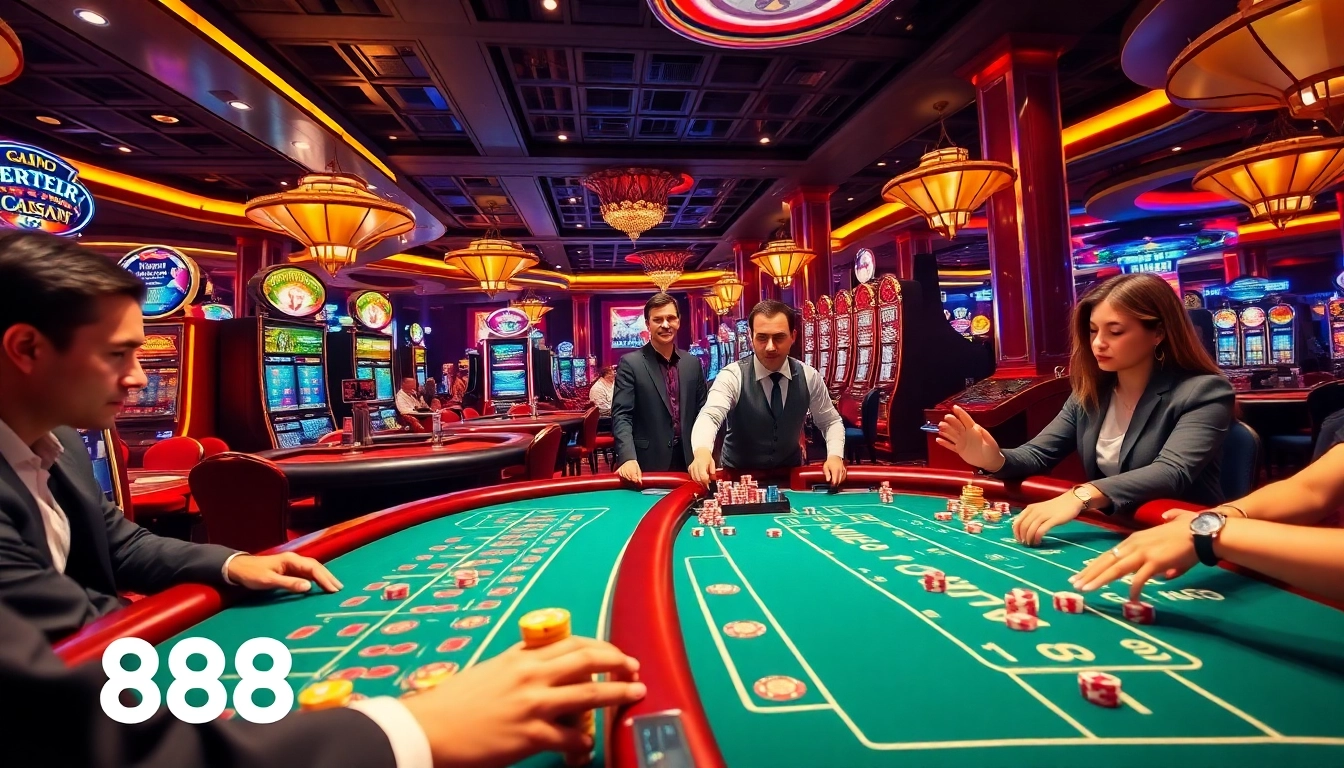 Experience thrilling gaming at 888new with vibrant casino tables and exciting gamblers in action.