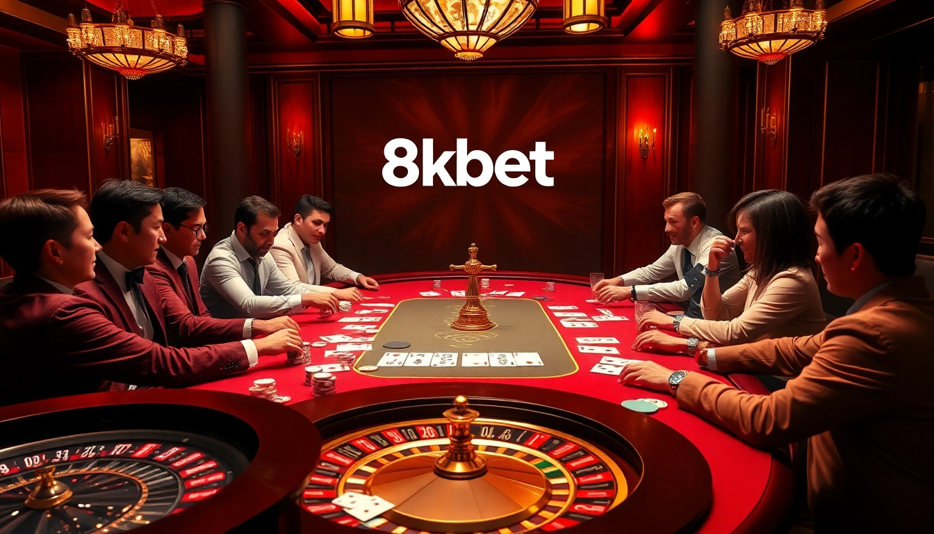 Experience thrilling high-stakes action at 8kbet with players enjoying a luxurious poker game.