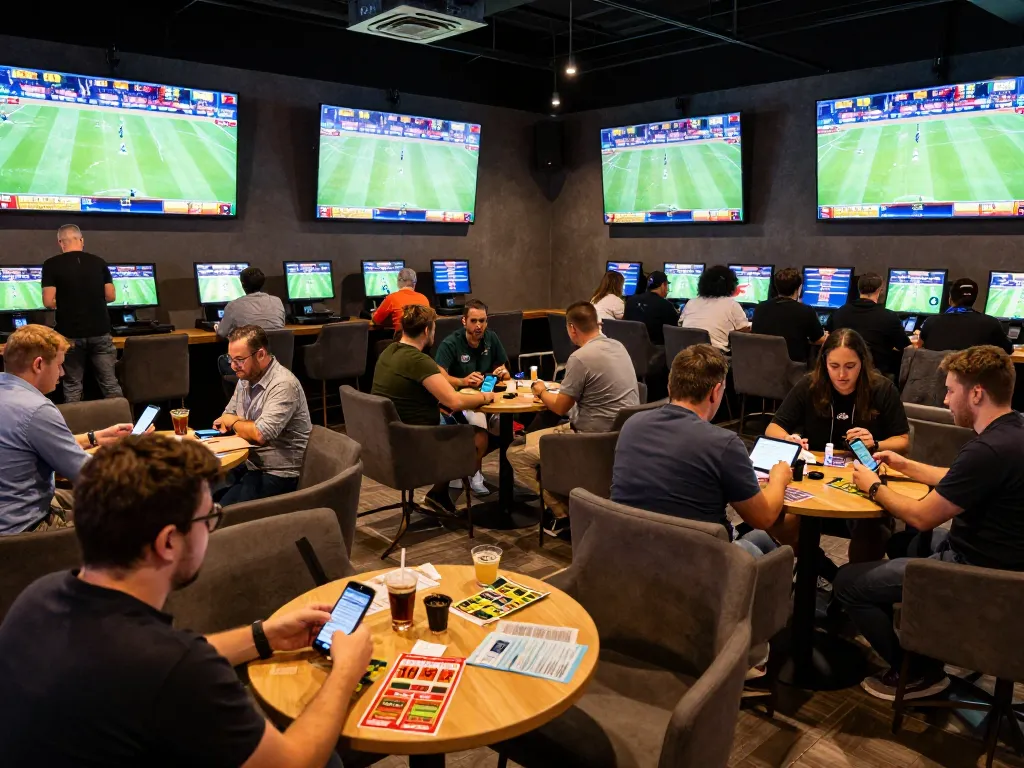 Engaging scene at a sports betting lounge showing customers placing bets on kèo nhà cái with excitement and modern technology.