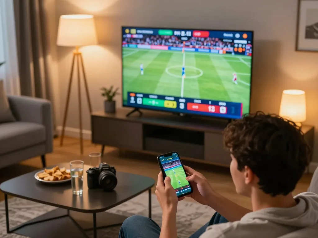 uu88 user placing sports bets on a smartphone while enjoying a home game, capturing the excitement of online gambling.