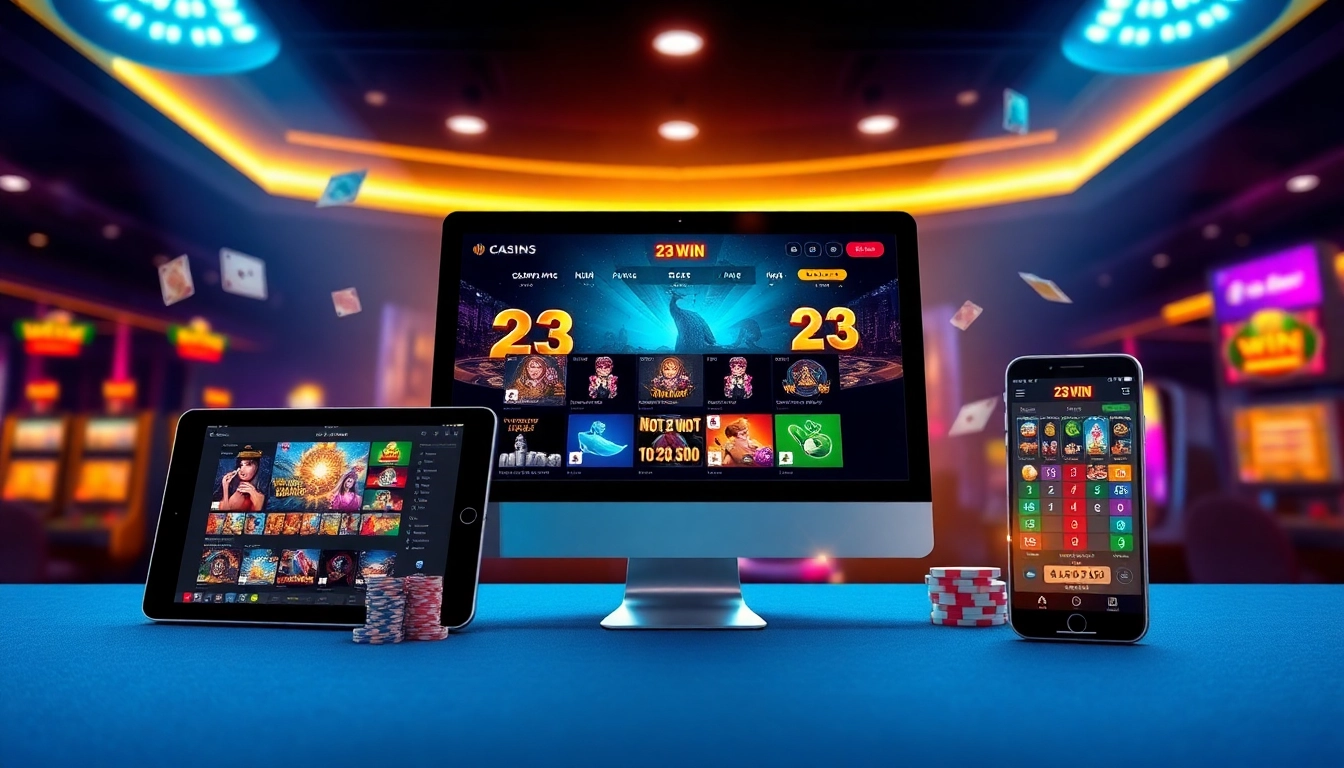 Engaging scene showcasing 23 WIN online casino platform on multiple devices with vibrant gaming elements.