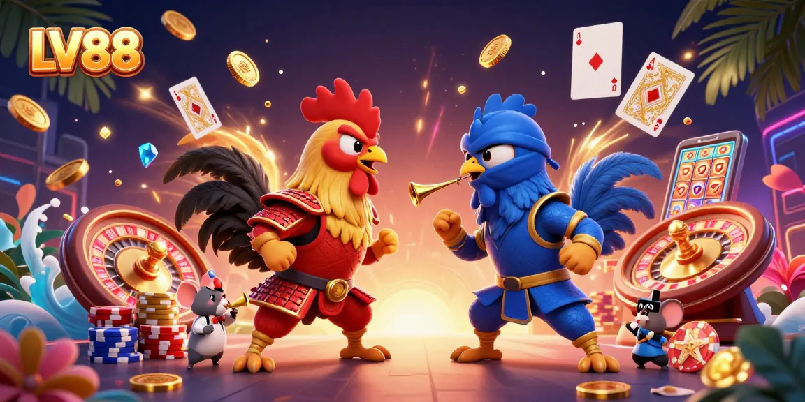 Experience thrilling action at LV88 with cartoon roosters in a dynamic casino scene.