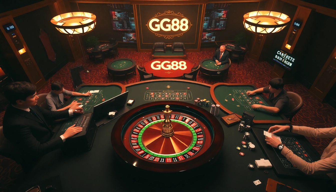 Gambling at GG88 with intense players at a roulette table in a luxurious casino atmosphere.