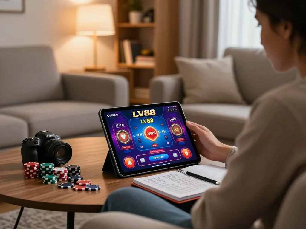 Player enjoying LV88 online gaming on a tablet in a cozy living room.