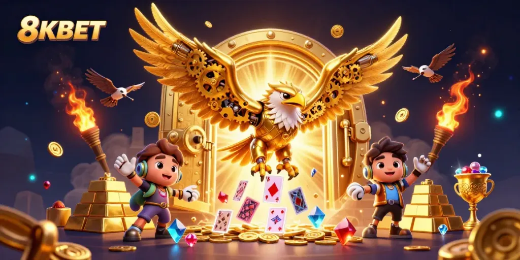 Engage at 8KBET with a vibrant 3D illustration of a golden eagle diving through holographic cards.