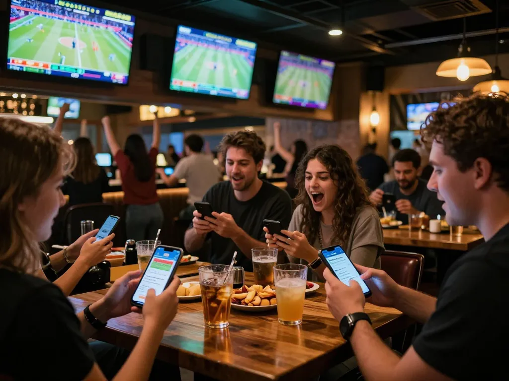 Patrons engaging in sports betting on 789WIN app in a lively bar atmosphere