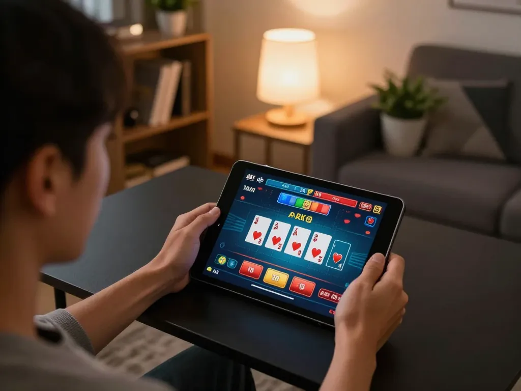 Engaging online gaming experience with hb88 app on tablet, showcasing a user-friendly interface in a cozy home environment.