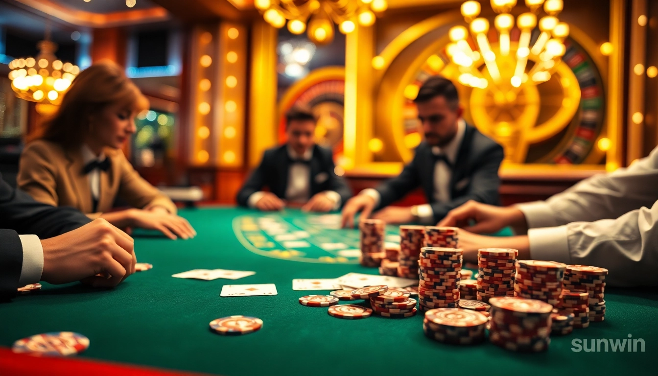 High-stakes poker action with sunwin chips and casino ambiance.
