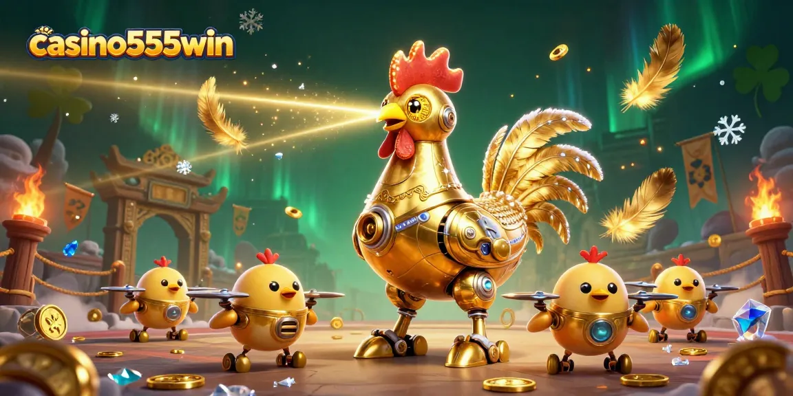 Engage with thrilling casino action at casino555win featuring a cartoon rooster robot and baby chick drones.