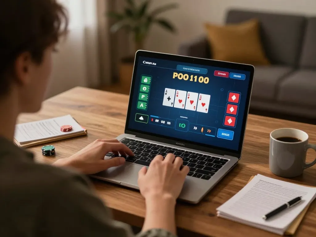 F168 online poker gameplay from home desk with interactive game interface and strategy notes.