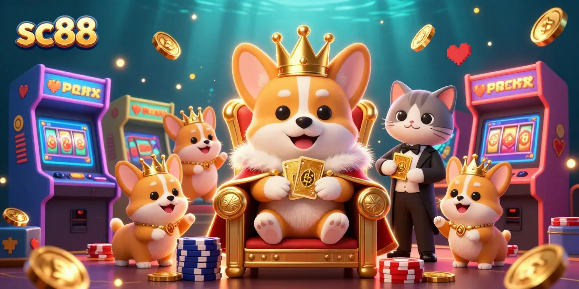 Experience the excitement of sc88 with an illustrated scene of a royal corgi on a throne of poker chips.