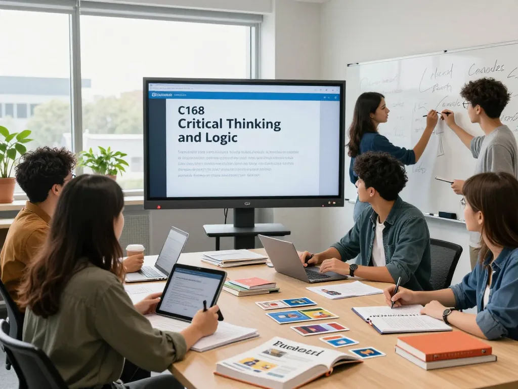 C168 Critical Thinking and Logic students collaborating in a modern classroom setting.