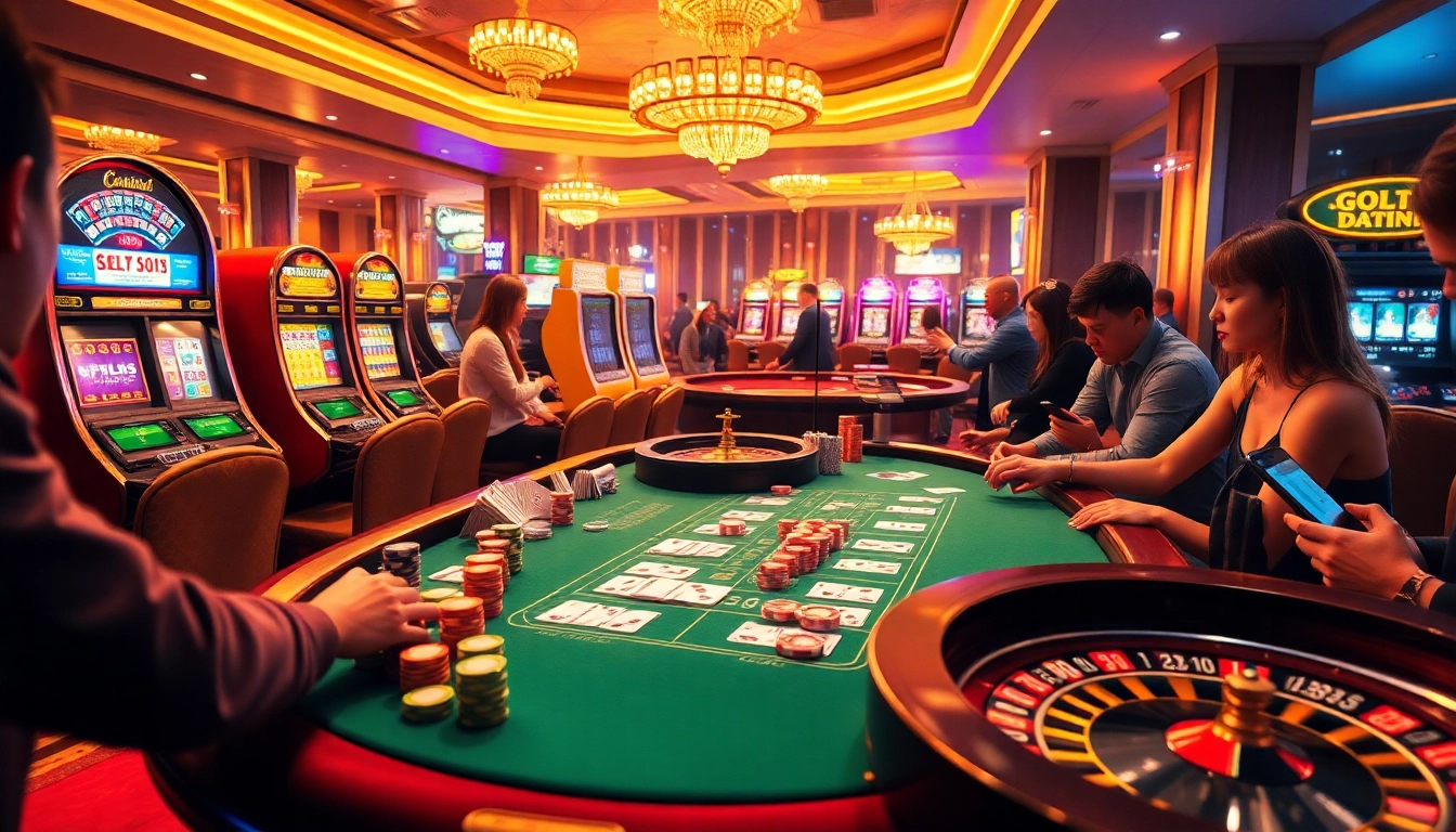 Exciting gambling scene highlighting soibet ออนไลน์ with poker chips, roulette, and online interfaces.