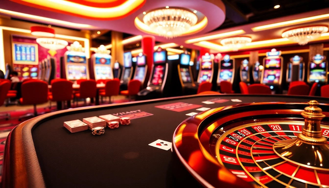 Exciting VIPWIN 24 7 gaming scene with poker tables and vibrant slot machines.