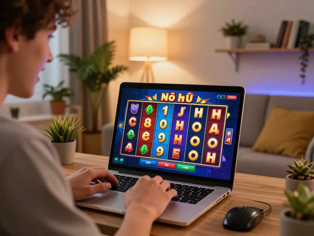 Player experiencing Nổ hủ slot game excitement on a laptop in a cozy home setting.