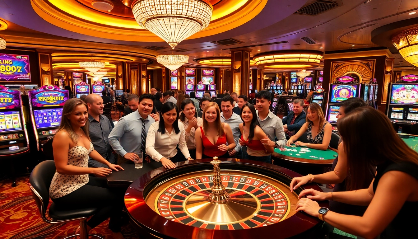 Players enjoying thrilling games at LuckyWin casino with vibrant slot machines and roulette.