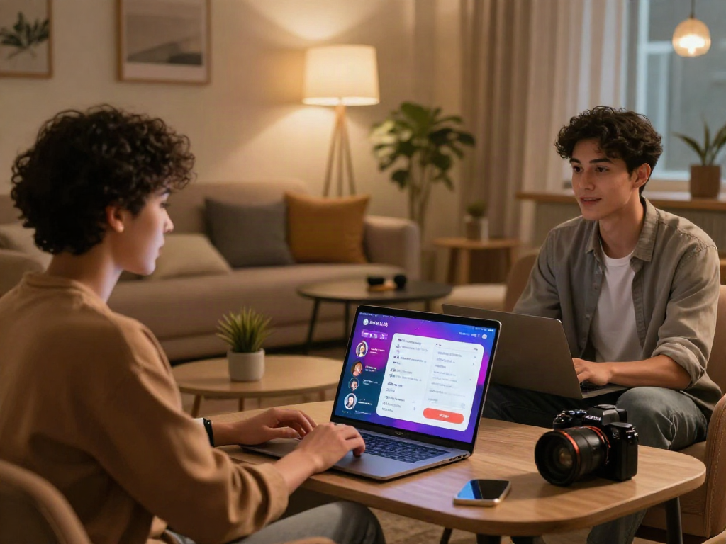 Engaging sex chat AI interaction in a cozy virtual lounge with avatars and modern interface.