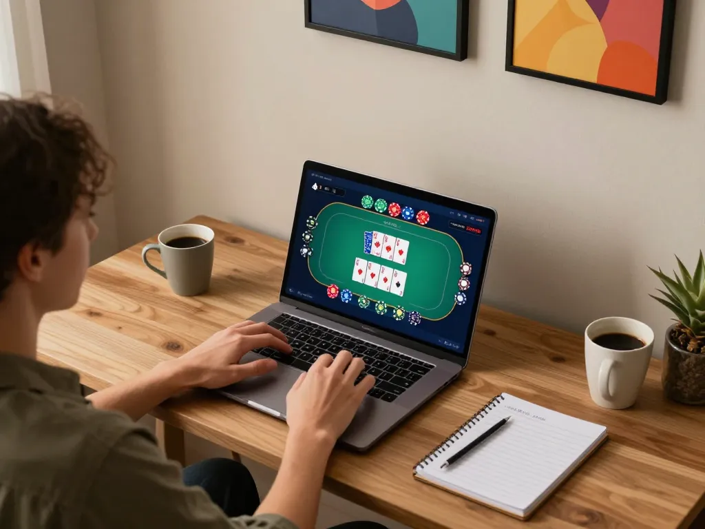 Player engaging with BL555 online casino platform at home with laptop and strategy notes.