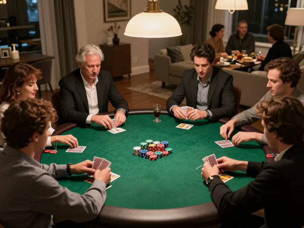 Kuwin players engaged in a friendly home poker game, showcasing strategy and interaction among friends.