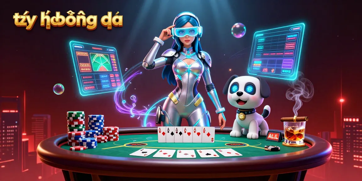 Tỷ lệ bóng đá illustration showcasing a futuristic woman with a robot dog in a dynamic casino scene with colorful betting elements.