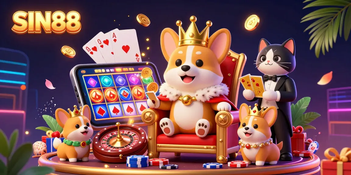 SIN88 casino illustration featuring a royal corgi on a poker chip throne, showcasing gaming excitement and luxury.