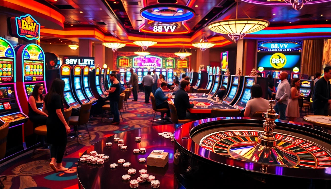 Experience thrilling gaming at 88VV with vibrant slot machines and roulette tables.