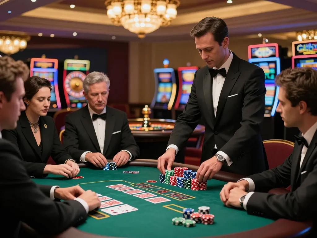 Players engaging intensely at 11BET blackjack table, vibrant casino environment, strategic gameplay moments captured.