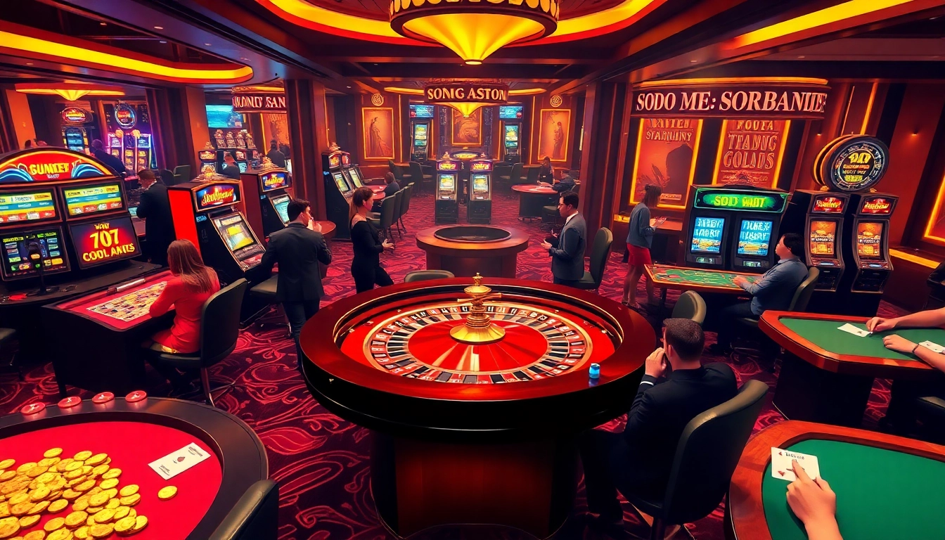 SODO66 casino experience with players at roulette and poker tables, celebrating wins.