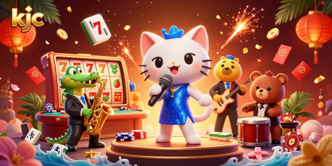 Engage with KJC's vibrant casino scene featuring a jazz-singer cat, saxophone crocodile, and drum bear cub.