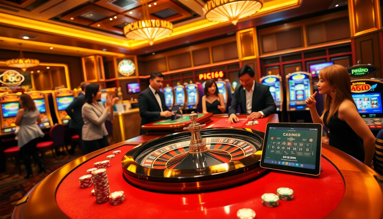 Players enjoy exciting games at a PG66 casino table, showcasing vibrant chips and a roulette wheel.