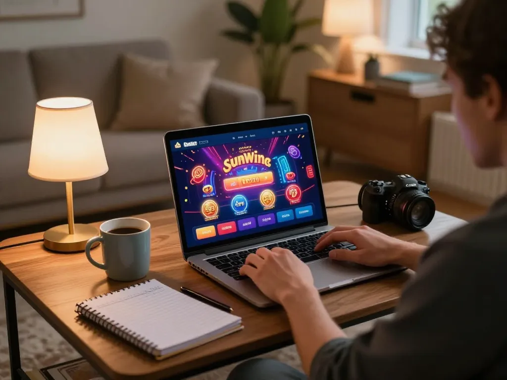 Engaged player exploring Sunwin casino app on laptop, capturing a vibrant online gaming moment at home.