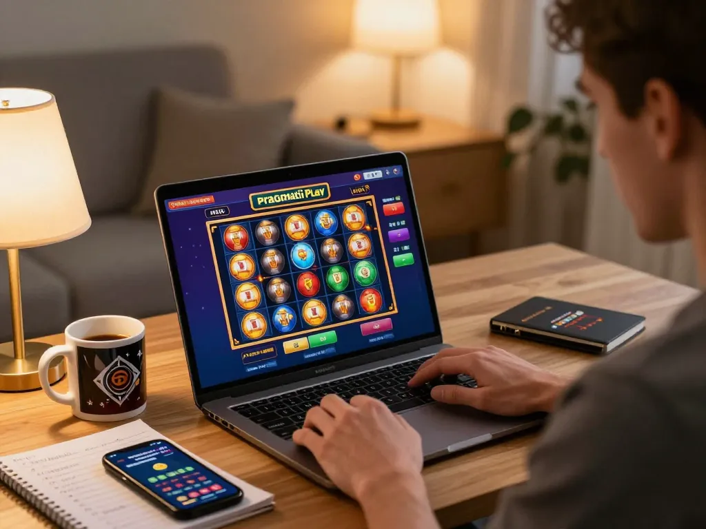 Engaging gameplay on a laptop featuring Pragmati Play slots, highlighting a cozy home gaming setup.