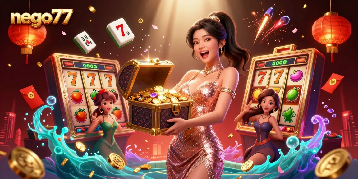 Nego77 offers exhilarating gaming experiences, showcasing a vibrant treasure chest overflowing with gems and coins.