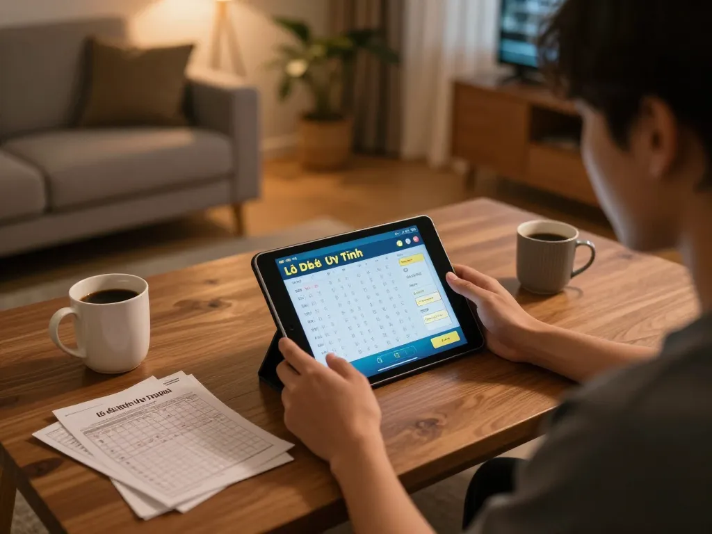 Person enjoying Lô Đề Uy Tín game on tablet with coffee, creating a comfortable gaming scene.