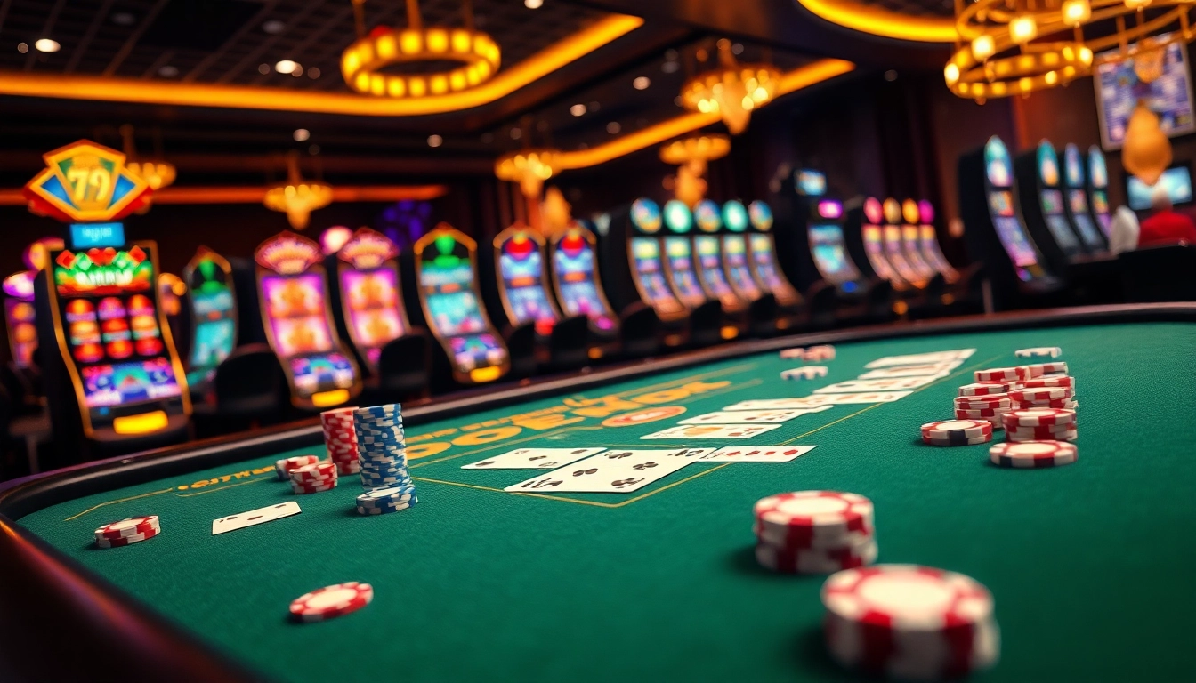 Players engaging in exciting card games at 79KING casino, showcasing vibrant poker chips and cards.