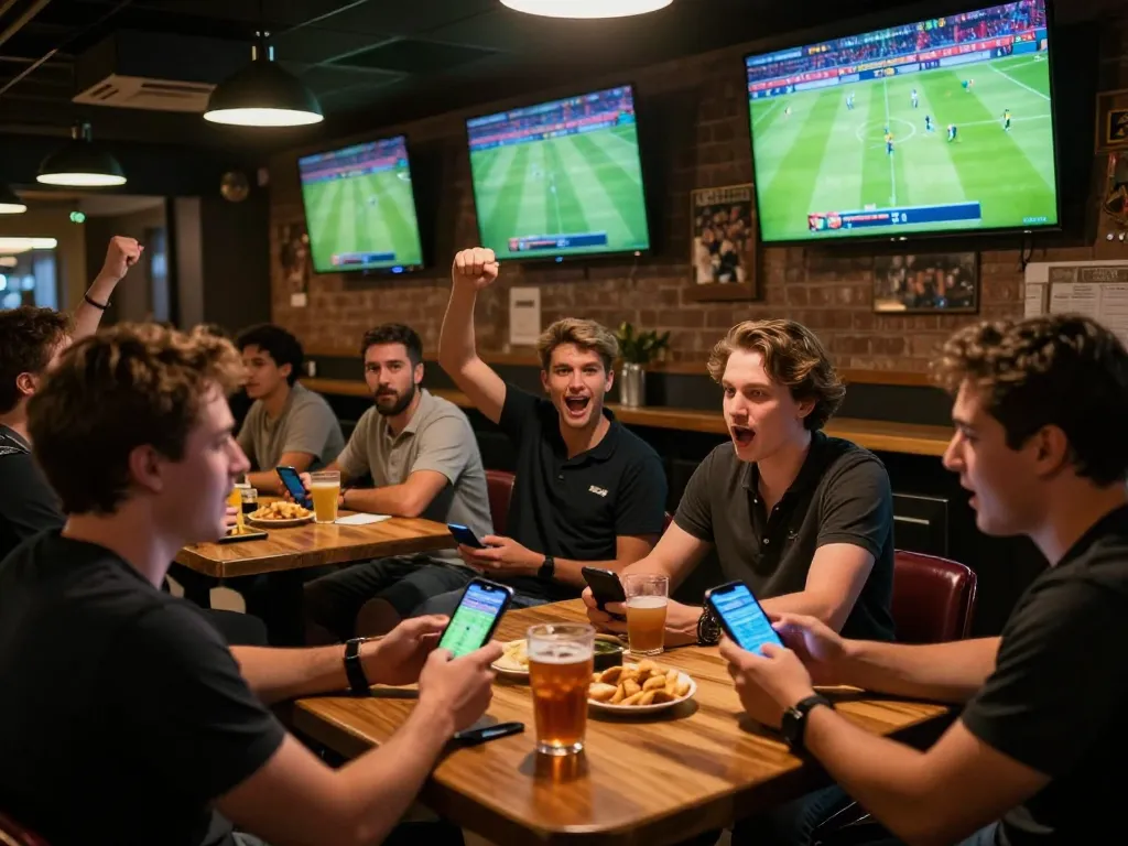 Engaging moment at https://9bet.works/ where patrons place bets on live sports matches in a vibrant sports bar.