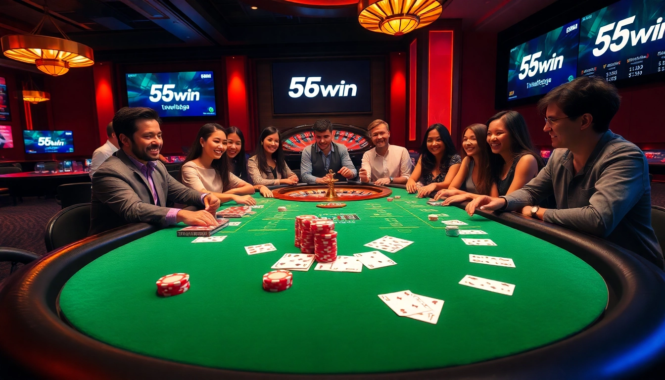 Players strategizing at a poker table with 56win branding, showcasing exciting gambling action.